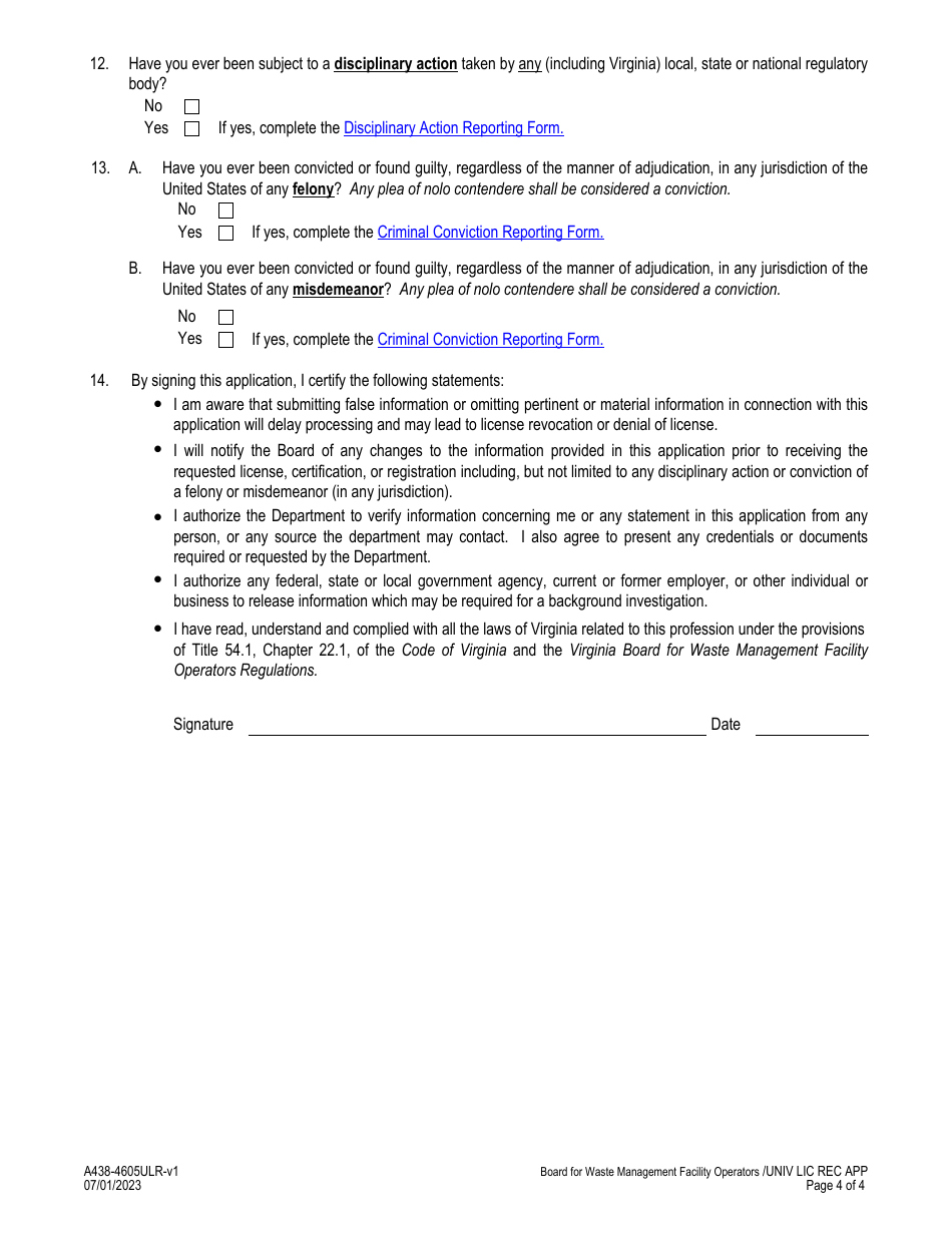 Form A438-4605ULR Waste Management Facility Operator - Universal License Recognition (Url) Application - Virginia, Page 4