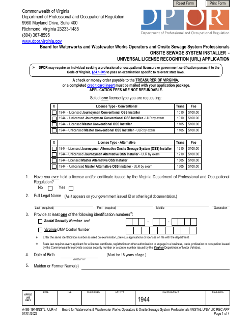 Form A465-1944INSTL_ULR Onsite Sewage System Installer - Universal License Recognition (Url) Application - Virginia