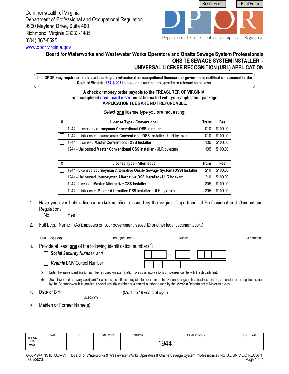 Form A465-1944INSTL_ULR Onsite Sewage System Installer - Universal License Recognition (Url) Application - Virginia, Page 1