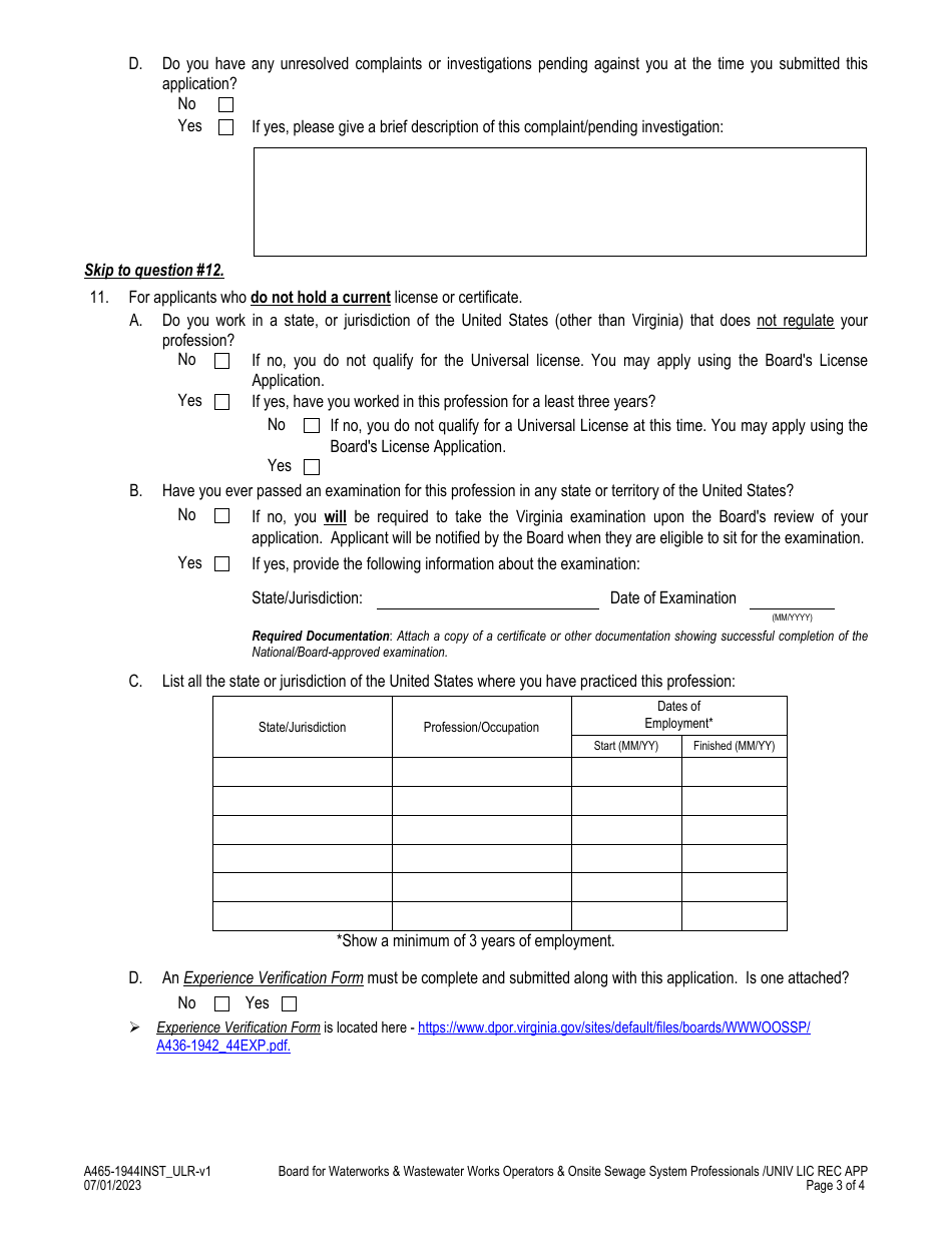 Form A465-1944INSTL_ULR Onsite Sewage System Installer - Universal License Recognition (Url) Application - Virginia, Page 3
