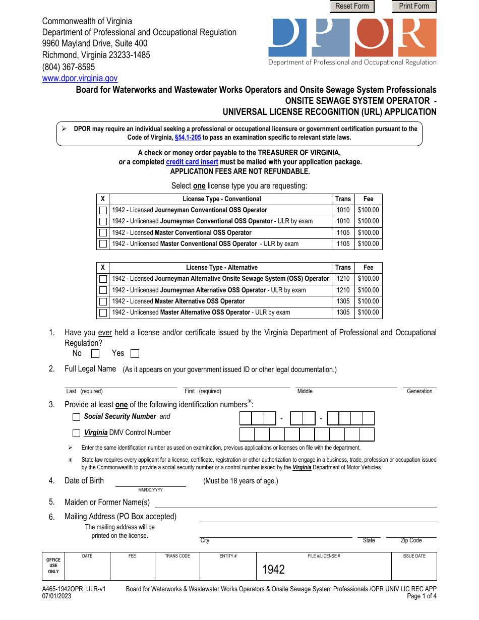 Form A465-1942OPR_ULR Onsite Sewage System Operator - Universal License Recognition (Url) Application - Virginia, Page 1