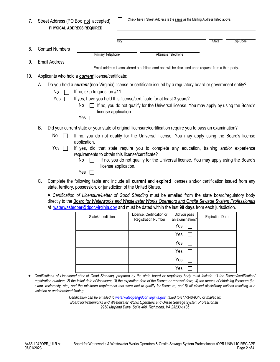 Form A465-1942OPR_ULR Onsite Sewage System Operator - Universal License Recognition (Url) Application - Virginia, Page 2