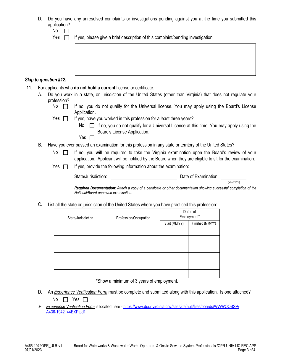 Form A465-1942OPR_ULR Onsite Sewage System Operator - Universal License Recognition (Url) Application - Virginia, Page 3