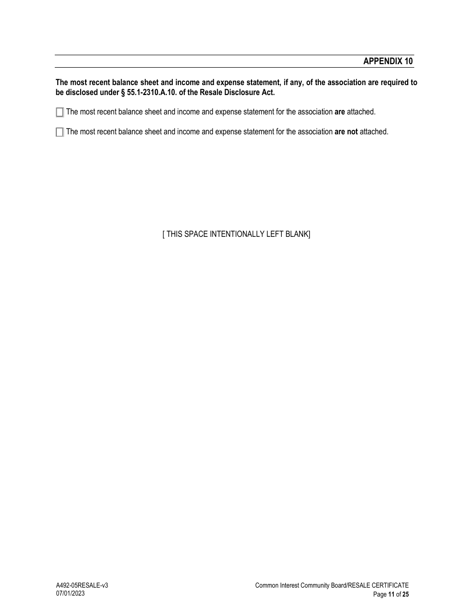 Form A492-05RESALE Common Interest Community Association Resale Certificate - Virginia, Page 11
