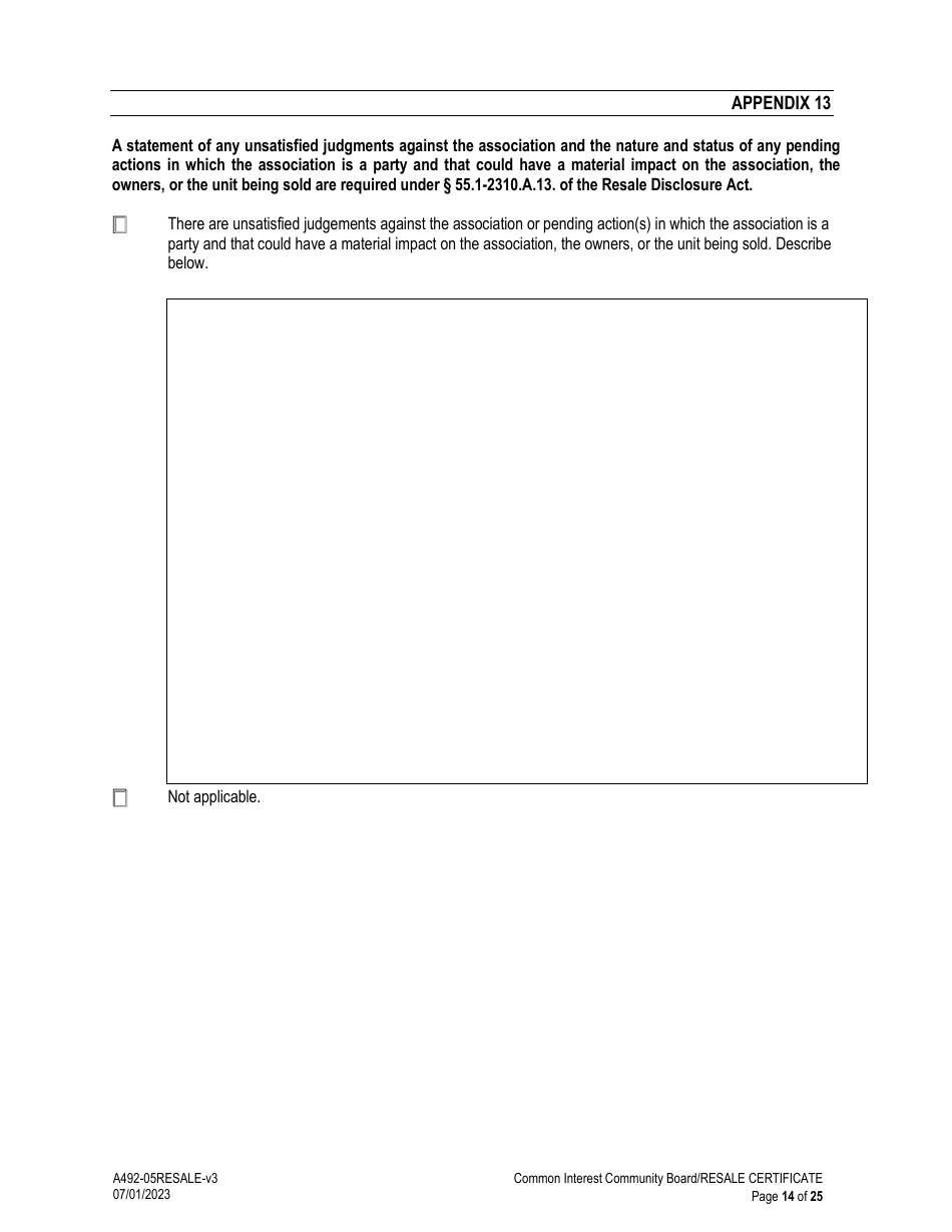 Form A492-05RESALE Common Interest Community Association Resale Certificate - Virginia, Page 14