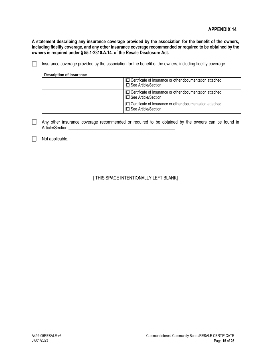 Form A492-05RESALE Common Interest Community Association Resale Certificate - Virginia, Page 15