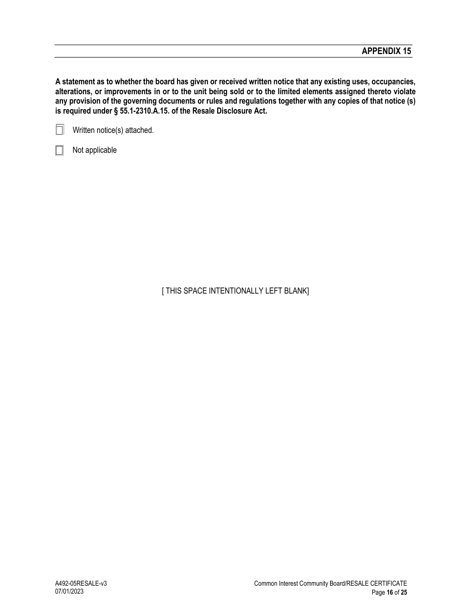 Form A492-05RESALE Common Interest Community Association Resale Certificate - Virginia, Page 16