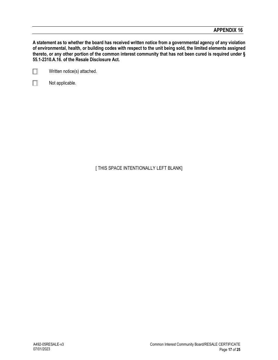 Form A492-05RESALE Common Interest Community Association Resale Certificate - Virginia, Page 17