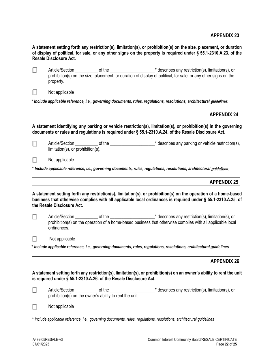 Form A492-05RESALE Common Interest Community Association Resale Certificate - Virginia, Page 22