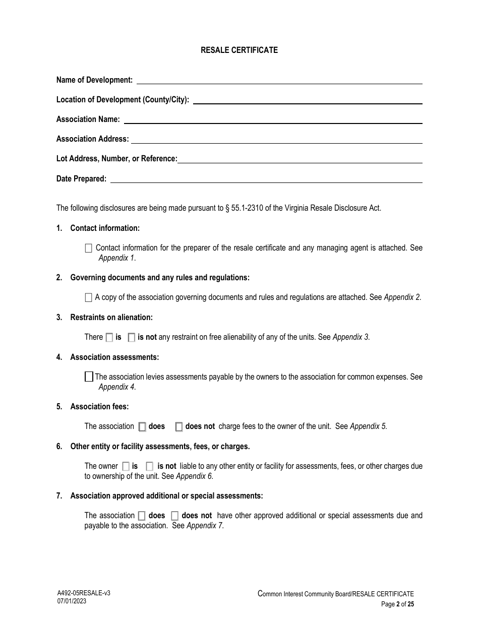 Form A492-05RESALE Common Interest Community Association Resale Certificate - Virginia, Page 2