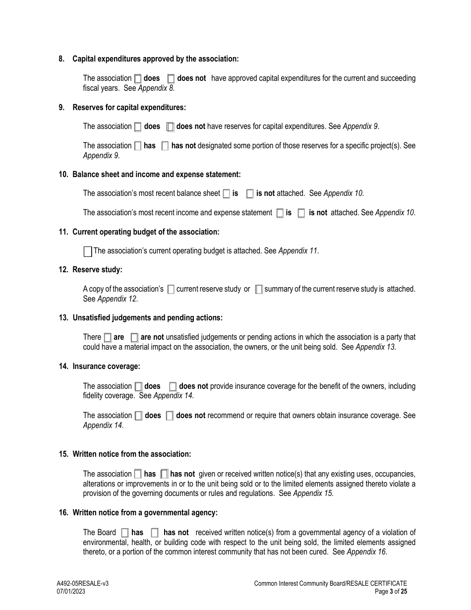 Form A492-05RESALE Common Interest Community Association Resale Certificate - Virginia, Page 3