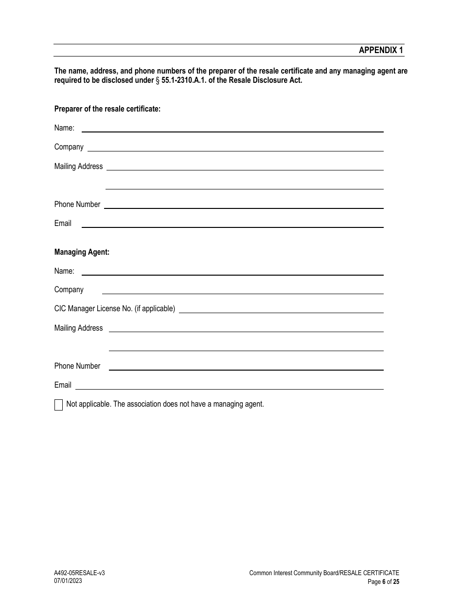 Form A492-05RESALE Common Interest Community Association Resale Certificate - Virginia, Page 6