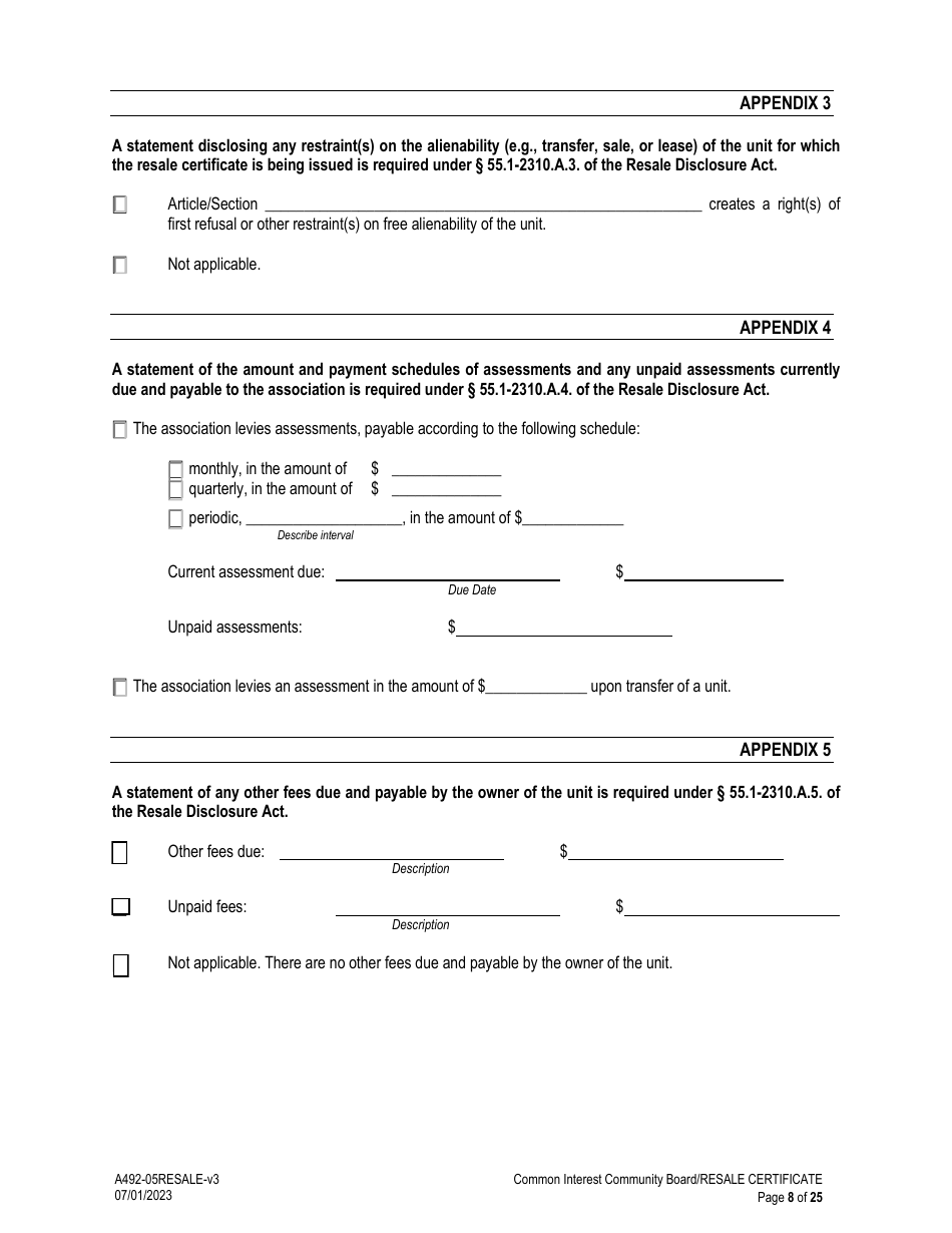 Form A492-05RESALE Common Interest Community Association Resale Certificate - Virginia, Page 8