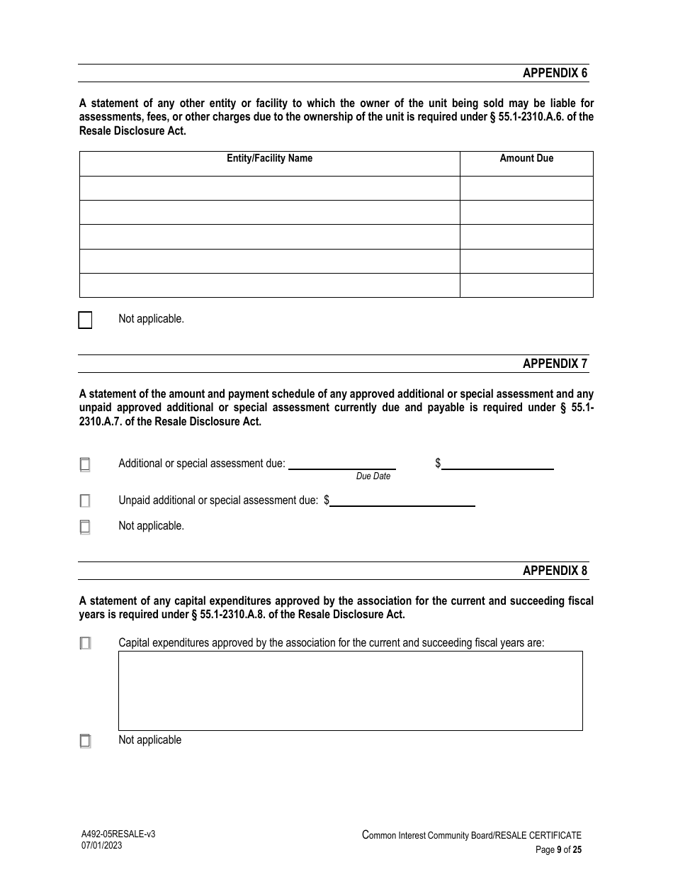 Form A492-05RESALE Common Interest Community Association Resale Certificate - Virginia, Page 9