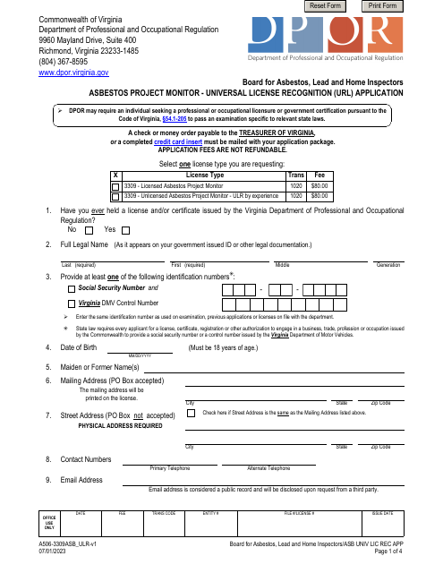Form A506-3309ASB_ULR Asbestos Project Monitor - Universal License Recognition (Url) Application - Virginia
