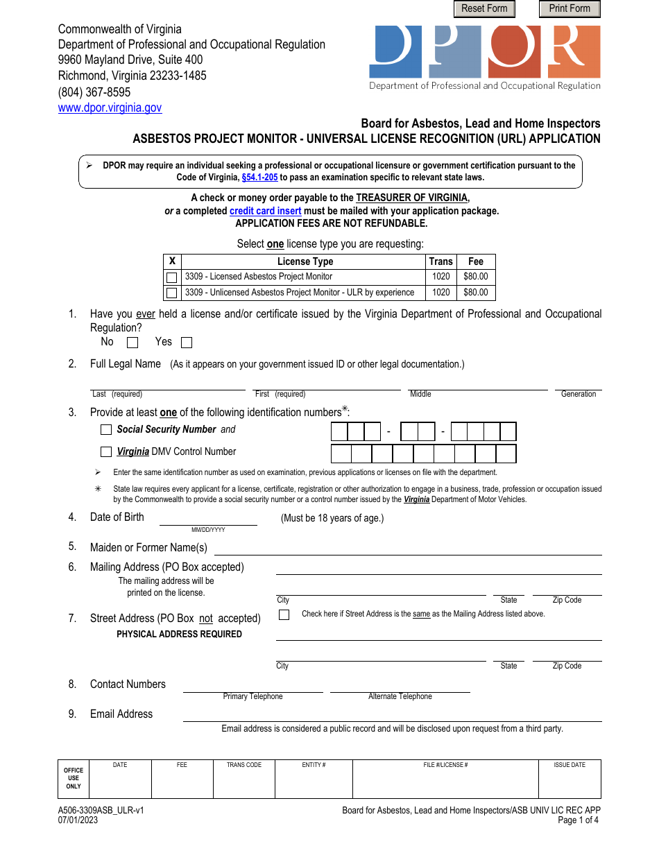 Form A506-3309ASB_ULR Asbestos Project Monitor - Universal License Recognition (Url) Application - Virginia, Page 1