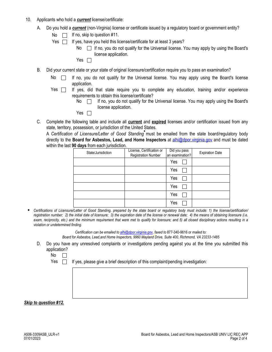 Form A506-3309ASB_ULR Asbestos Project Monitor - Universal License Recognition (Url) Application - Virginia, Page 2