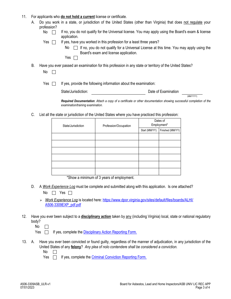 Form A506-3309ASB_ULR Asbestos Project Monitor - Universal License Recognition (Url) Application - Virginia, Page 3
