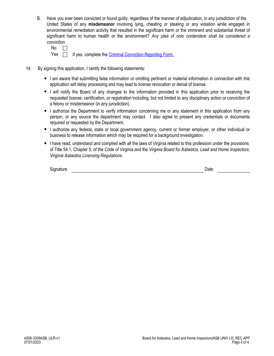 Form A506-3309ASB_ULR Asbestos Project Monitor - Universal License Recognition (Url) Application - Virginia, Page 4