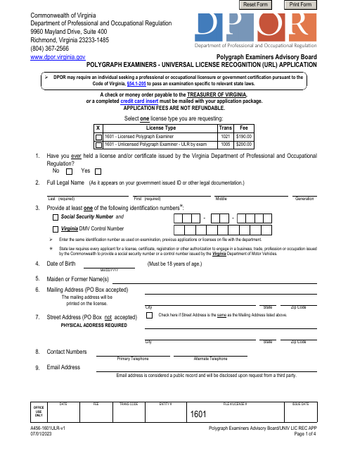 Form A456-1601ULR Polygraph Examiners - Universal License Recognition (Url) Application - Virginia