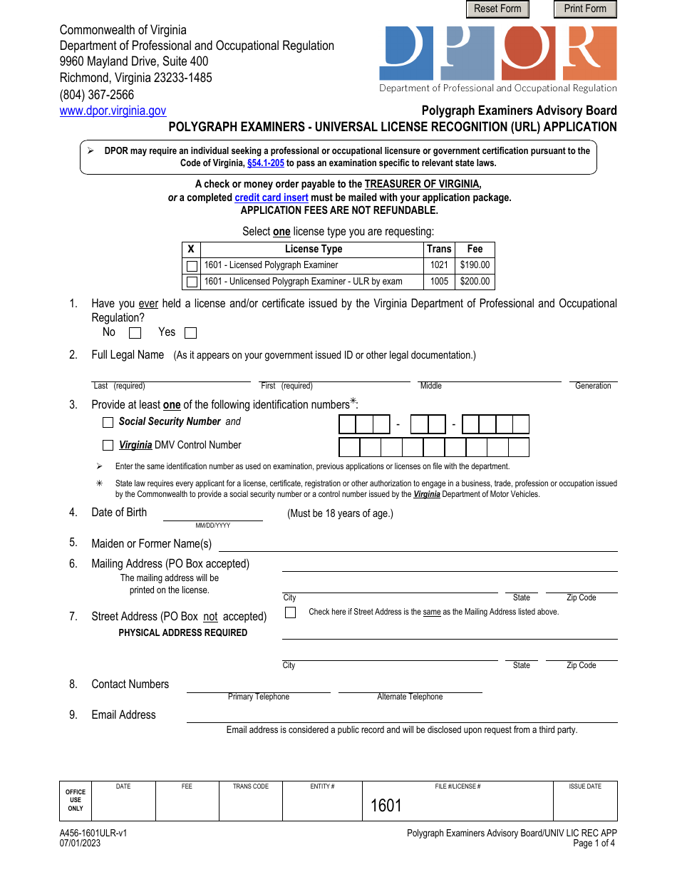 Form A456-1601ULR Polygraph Examiners - Universal License Recognition (Url) Application - Virginia, Page 1