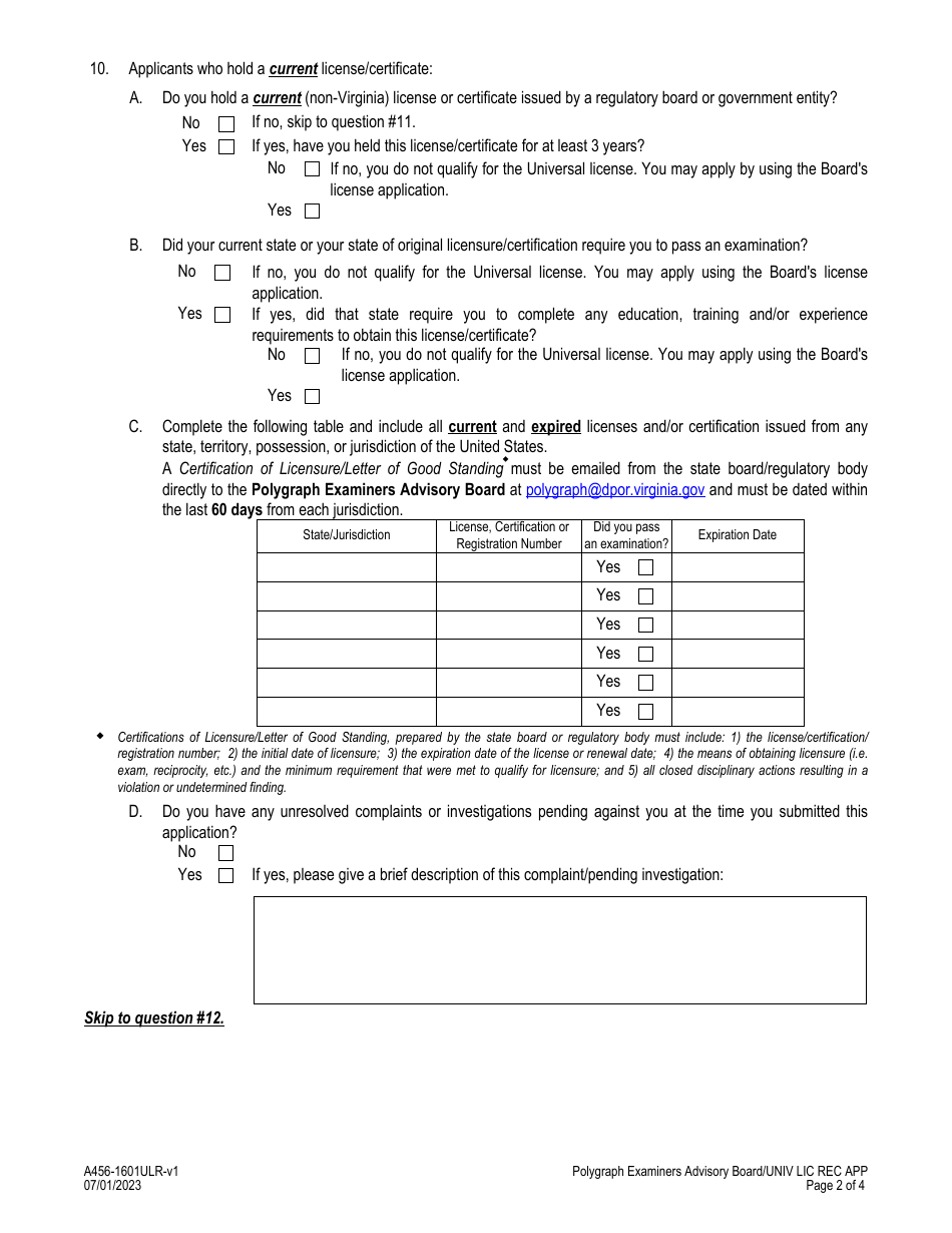 Form A456-1601ULR Polygraph Examiners - Universal License Recognition (Url) Application - Virginia, Page 2