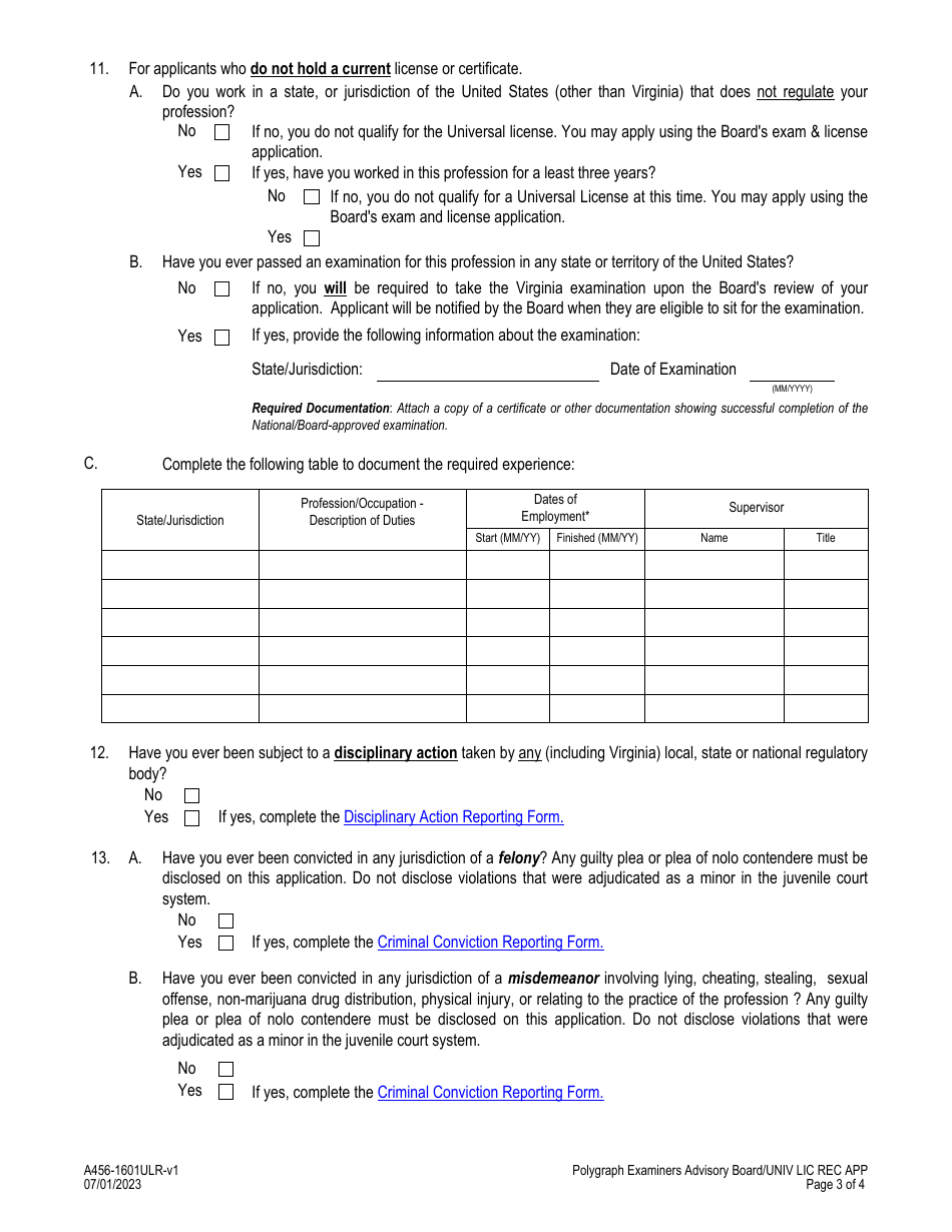 Form A456-1601ULR Polygraph Examiners - Universal License Recognition (Url) Application - Virginia, Page 3