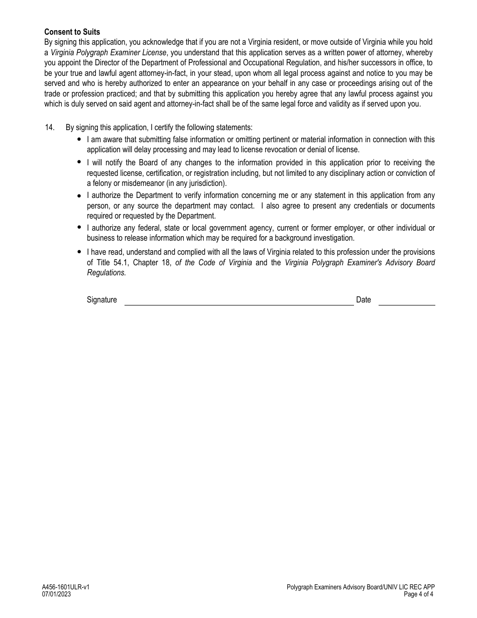 Form A456-1601ULR Polygraph Examiners - Universal License Recognition (Url) Application - Virginia, Page 4
