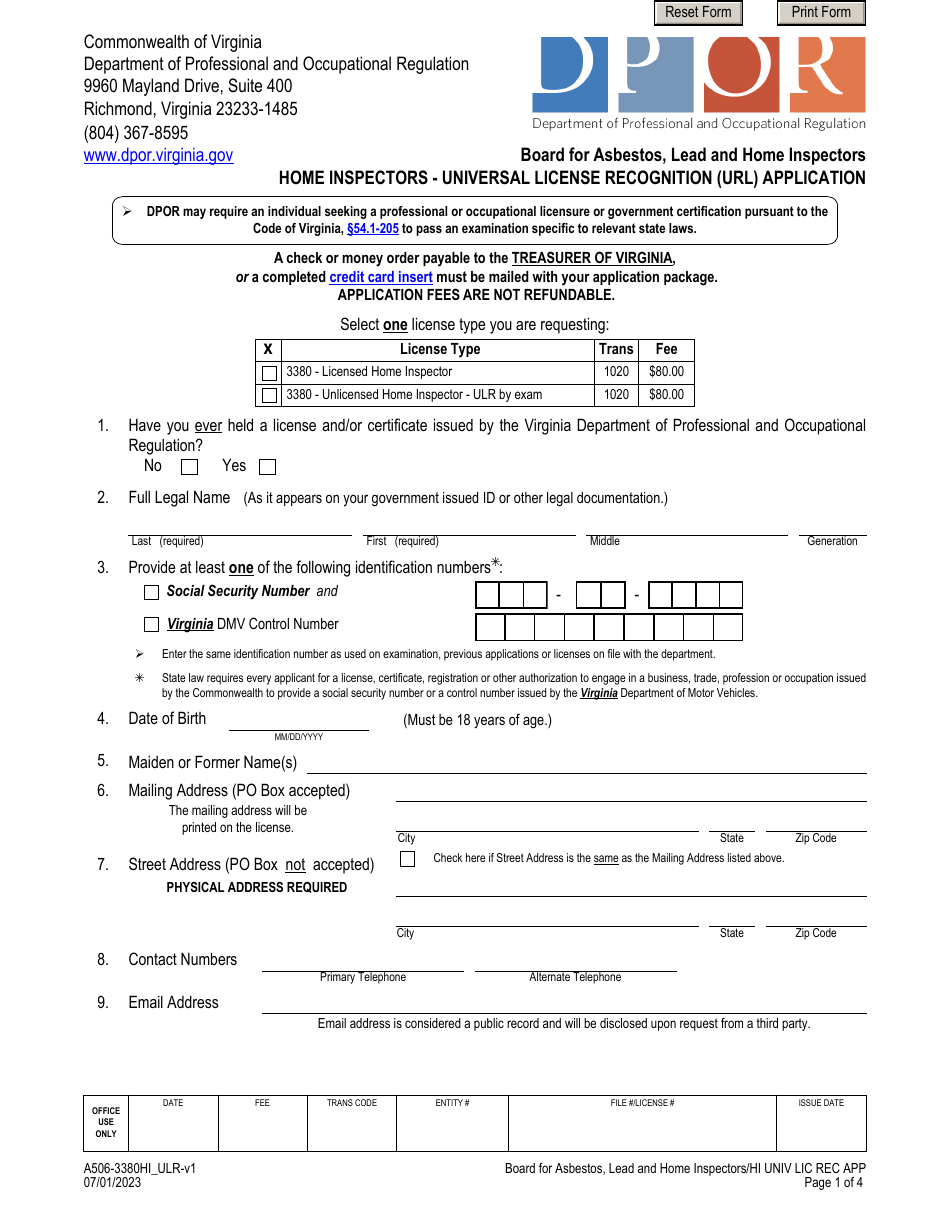 Form A506-3380HI_ULR Home Inspectors - Universal License Recognition (Url) Application - Virginia, Page 1