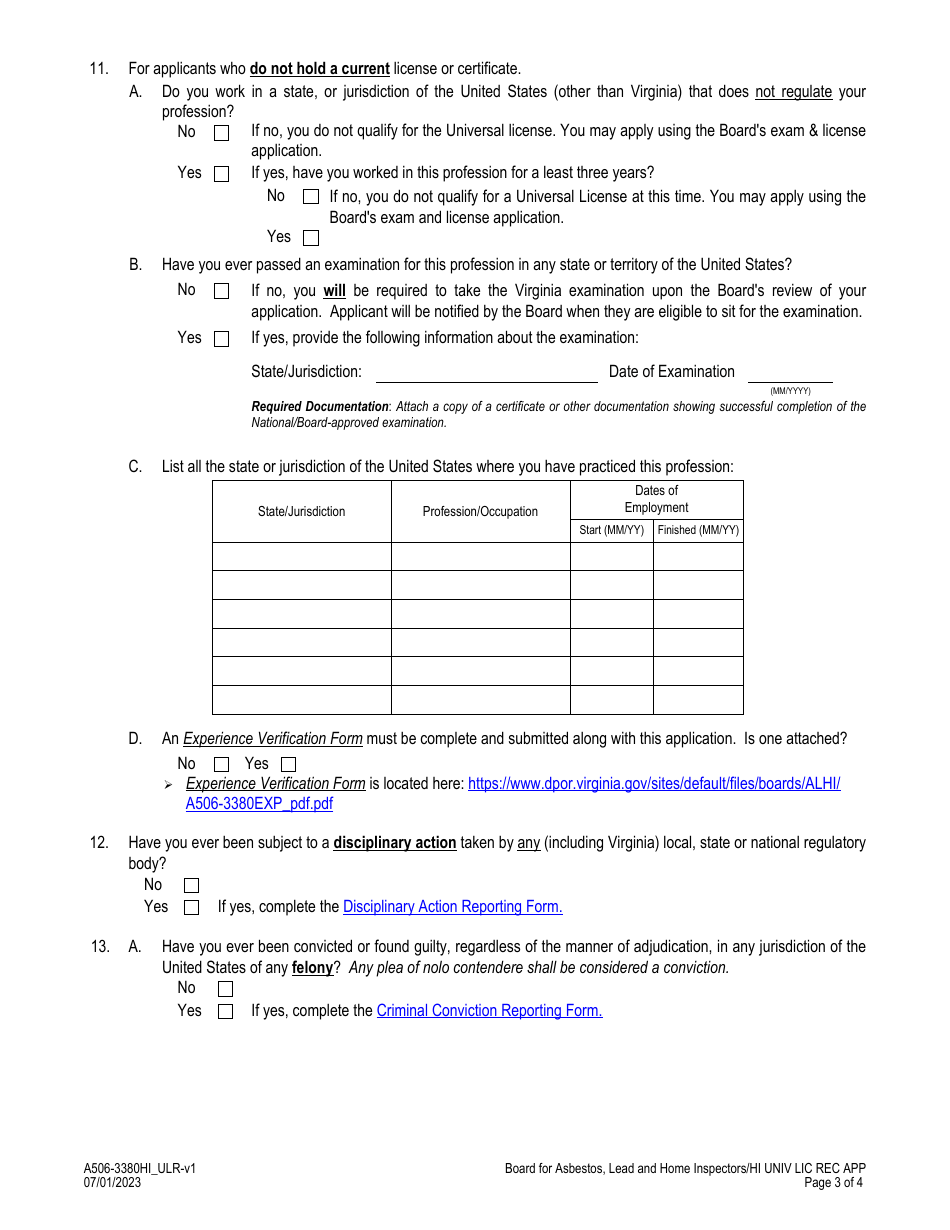 Form A506-3380HI_ULR Home Inspectors - Universal License Recognition (Url) Application - Virginia, Page 3
