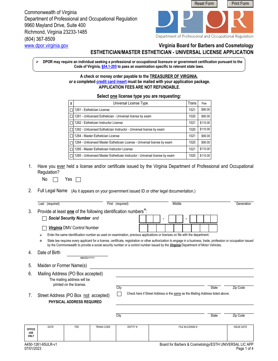 Form A450-1261-65ULR Esthetician / Master Esthetician - Universal License Application - Virginia, Page 1