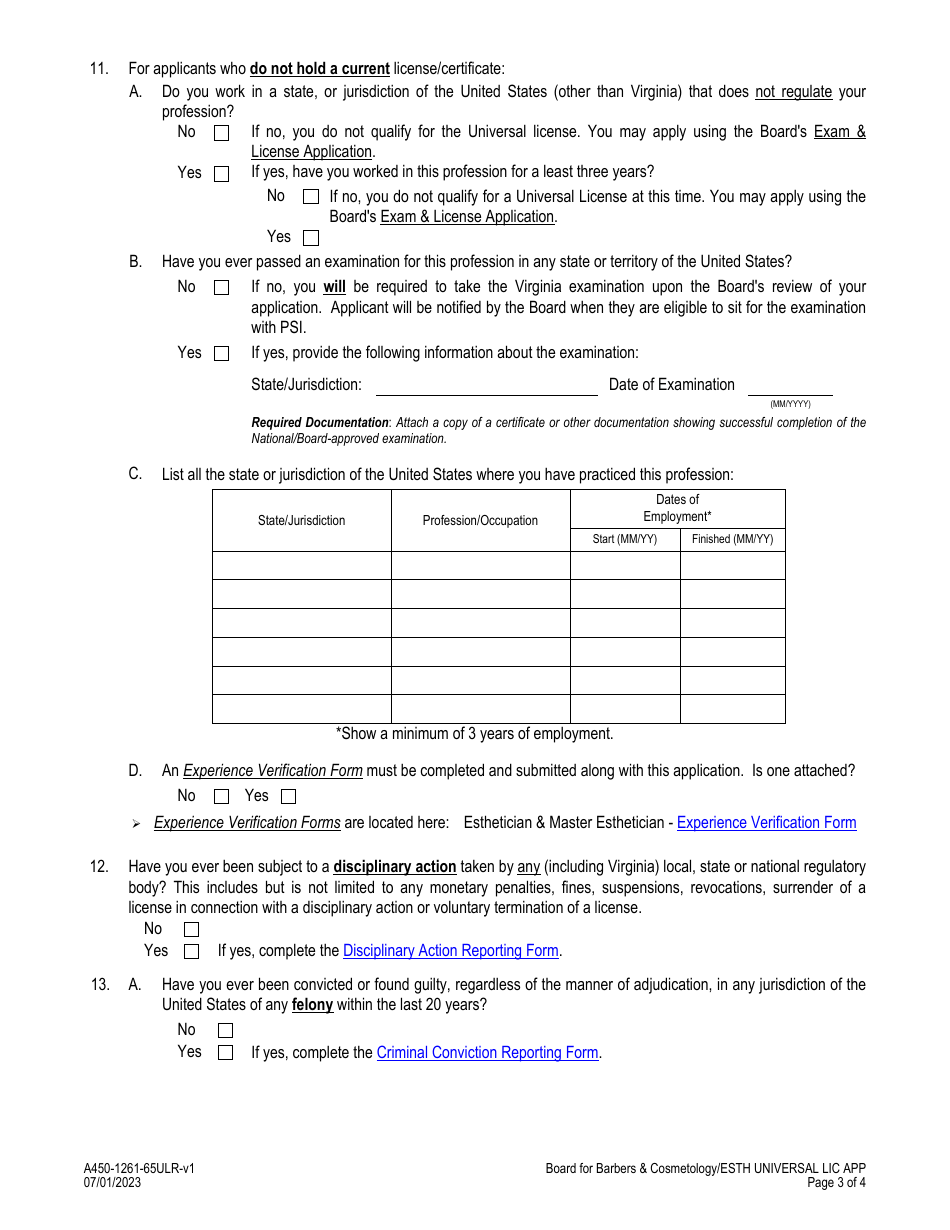 Form A450-1261-65ULR Esthetician / Master Esthetician - Universal License Application - Virginia, Page 3