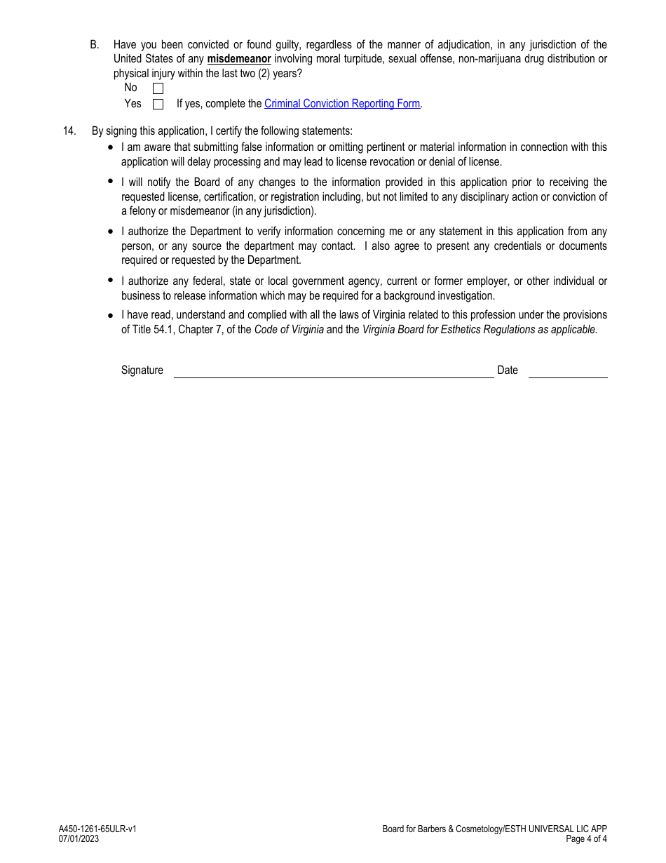 Form A450-1261-65ULR Esthetician / Master Esthetician - Universal License Application - Virginia, Page 4