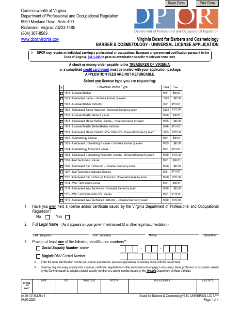 Form A450-1213ULR Barber & Cosmetology - Universal License Application - Virginia