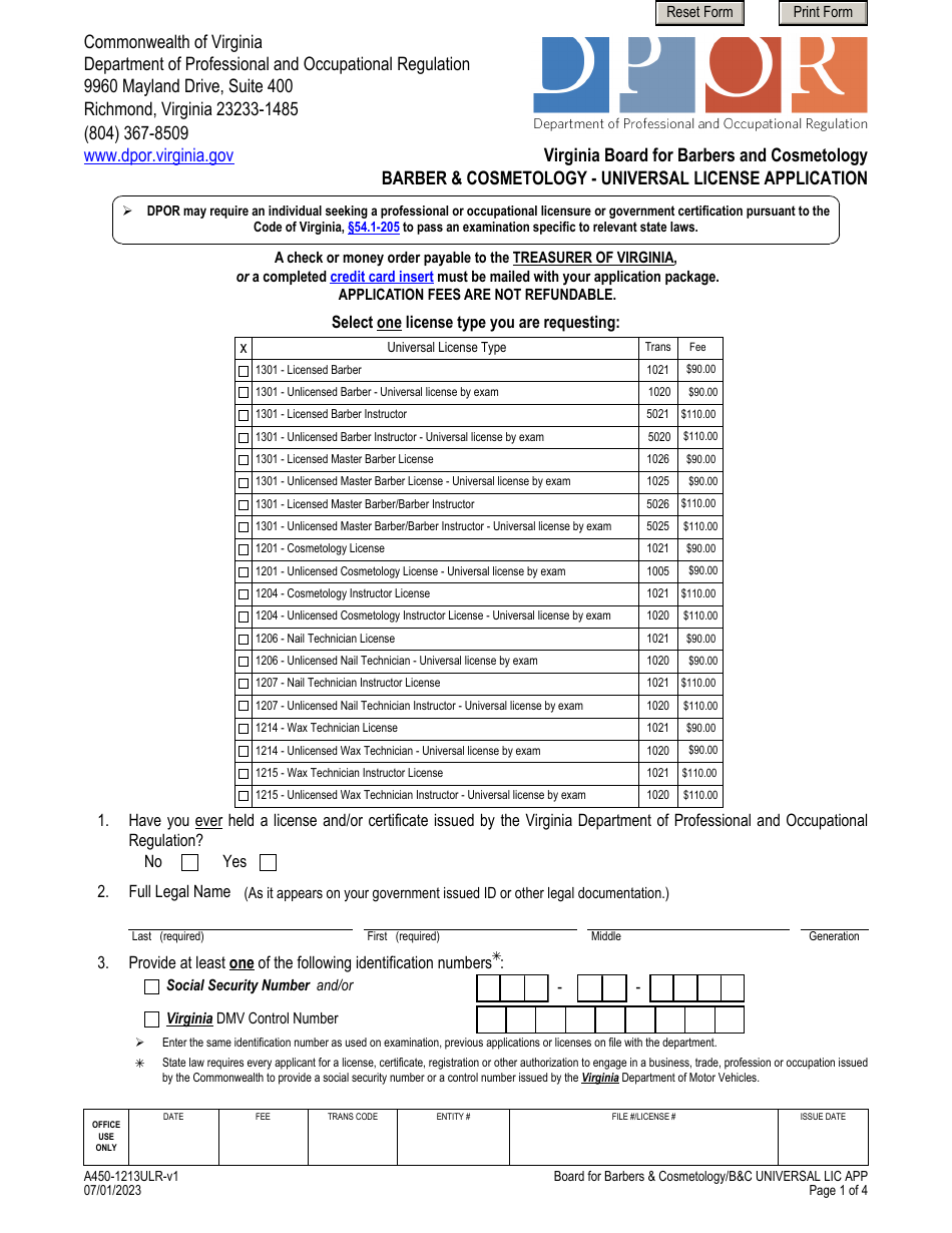 Form A450-1213ULR Barber  Cosmetology - Universal License Application - Virginia, Page 1