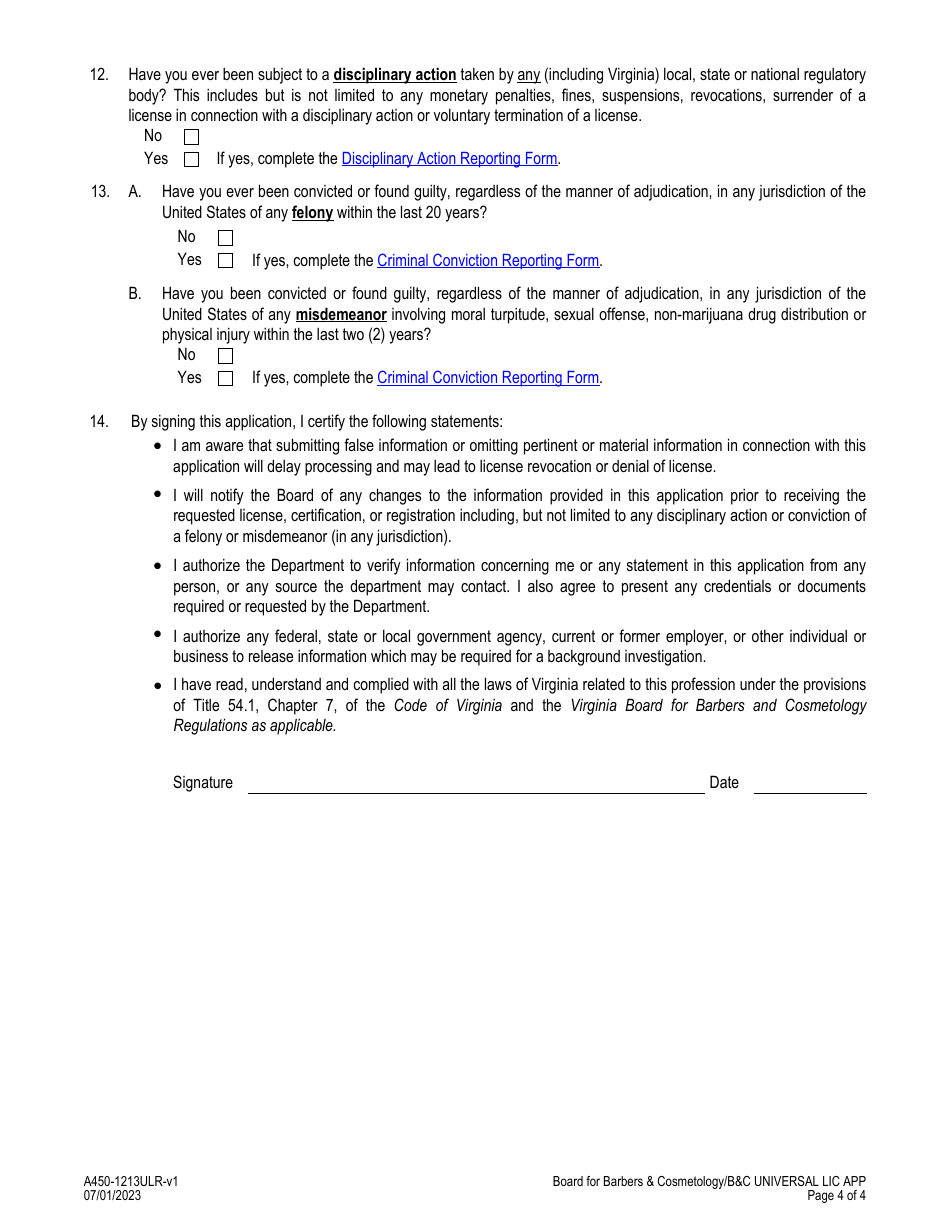Form A450-1213ULR Barber  Cosmetology - Universal License Application - Virginia, Page 4