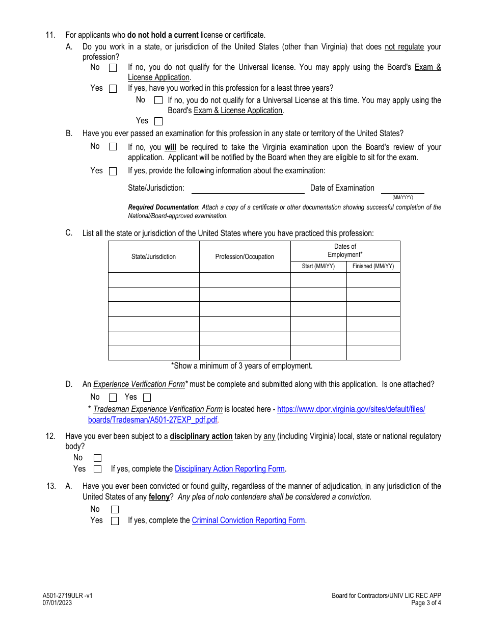 Form A501-2719ULR Certified Water Well System Provider - Universal License Recognition (Ulr) Application - Virginia, Page 3