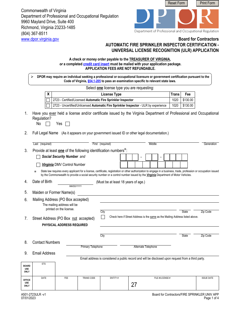 Form A501-2723ULR Automatic Fire Sprinkler Inspector Certification - Universal License Recognition (Ulr) Application - Virginia, Page 1