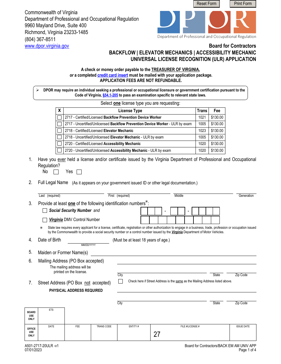 Form A501-2717-20ULR Backflow / Elevator Mechanics / Accessibility Mechanic Universal License Recognition (Ulr) Application - Virginia, Page 1