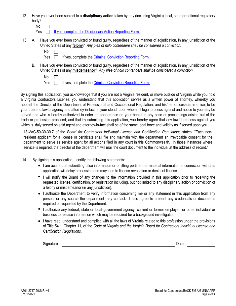 Form A501-2717-20ULR Backflow / Elevator Mechanics / Accessibility Mechanic Universal License Recognition (Ulr) Application - Virginia, Page 4