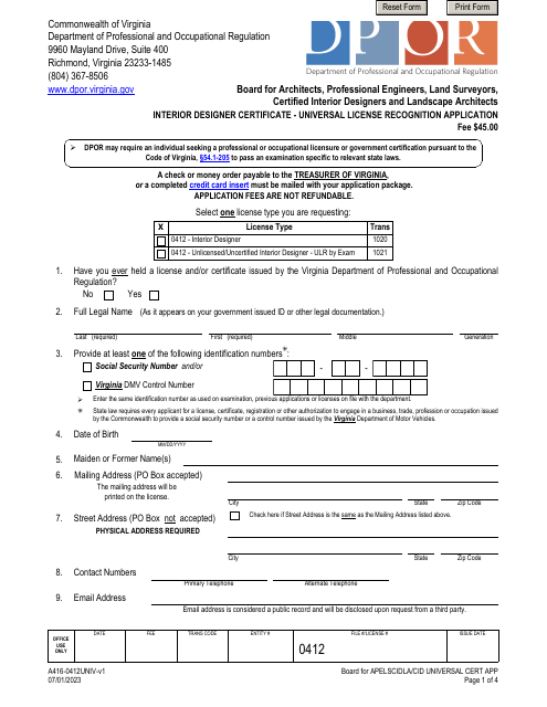 Form A416-0412UNIV Interior Designer Certificate - Universal License Recognition Application - Virginia