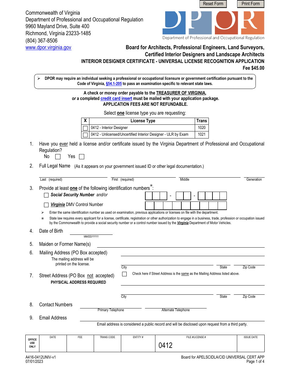 Form A416-0412UNIV Interior Designer Certificate - Universal License Recognition Application - Virginia, Page 1