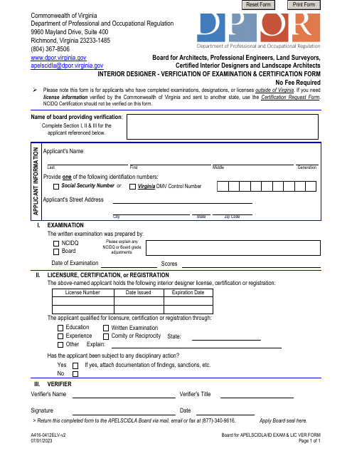 Form A416-0412ELV Interior Designer - Verficiation of Examination & Certification Form - Virginia