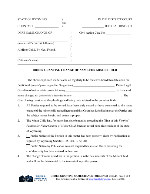 Order Granting Change of Name for Minor Child - Wyoming Download Pdf