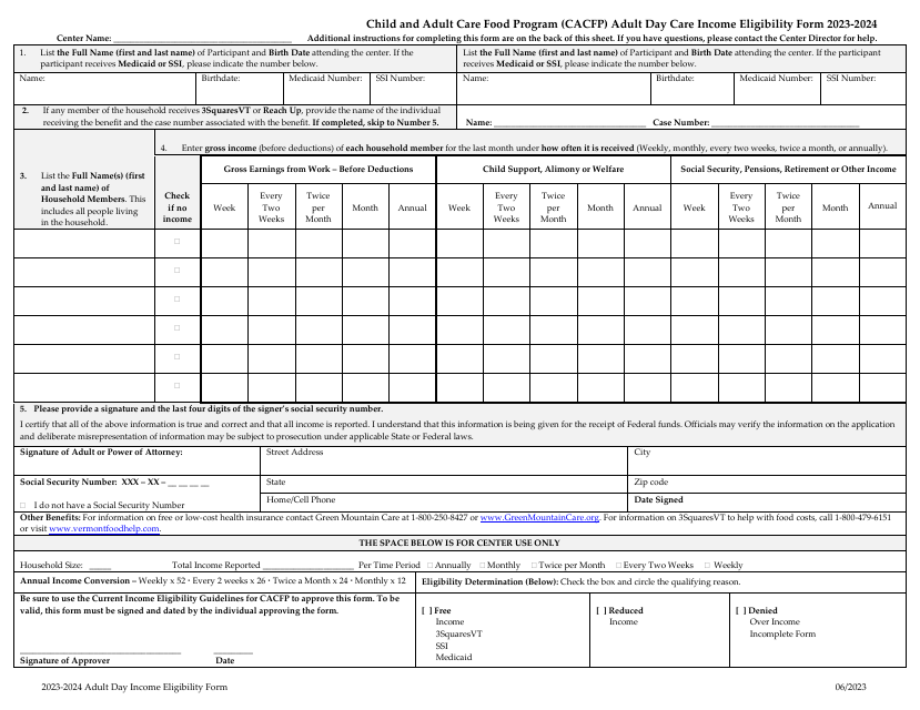 Adult Day Care Income Eligibility Form - Child and Adult Care Food Program (CACFP) - Vermont, 2024