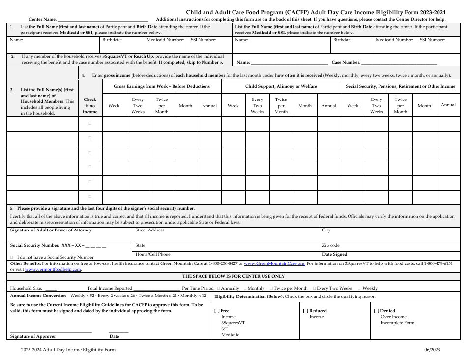 2024 Vermont Adult Day Care Eligibility Form Child and Adult