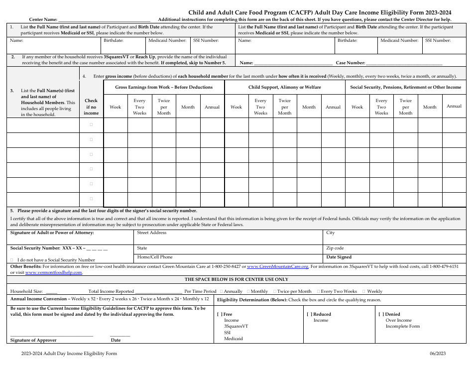 Adult Day Care Income Eligibility Form - Child and Adult Care Food Program (CACFP) - Vermont, Page 1