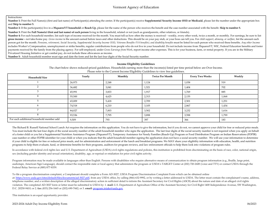 2024 Vermont Adult Day Care Eligibility Form Child and Adult