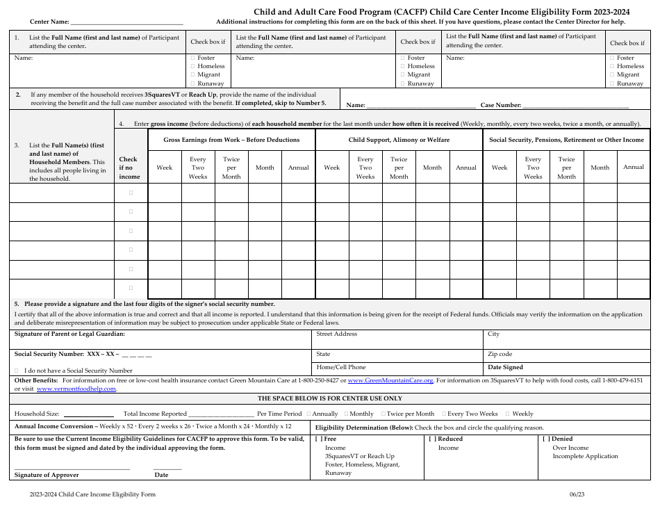 2024 Vermont Child and Adult Care Food Program (CACFP) Child Care