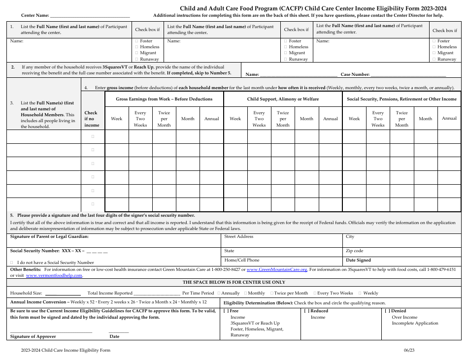 Child and Adult Care Food Program (CACFP) Child Care Center Income Eligibility Form - Vermont, Page 1